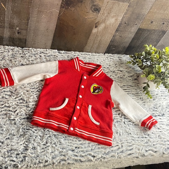 Kids Red and White Varsity Jacket with Patch - Picture 1 of 5